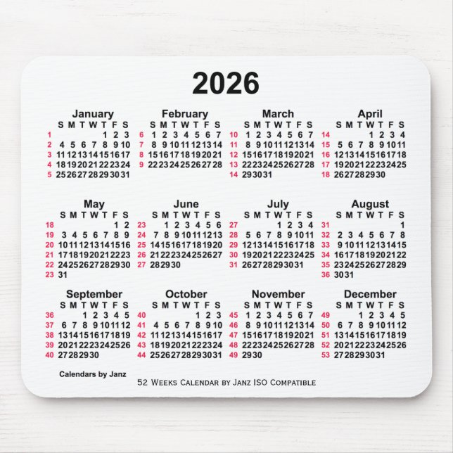2026 White 52 Weeks ISO Calendar by Janz Mouse Pad (Front)