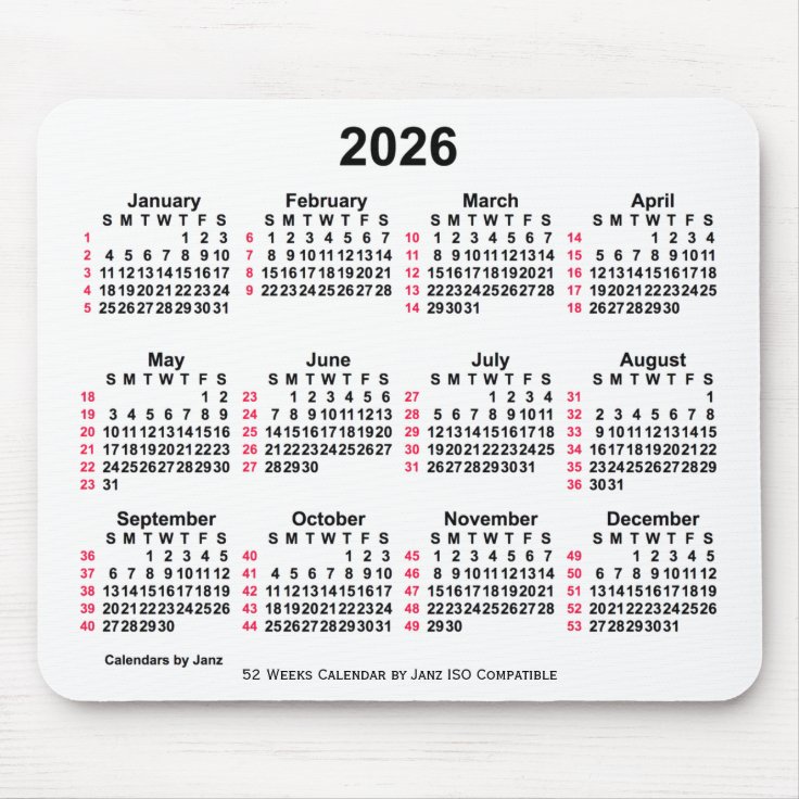 2026 White 52 Weeks ISO Calendar by Janz Mouse Pad  Zazzle