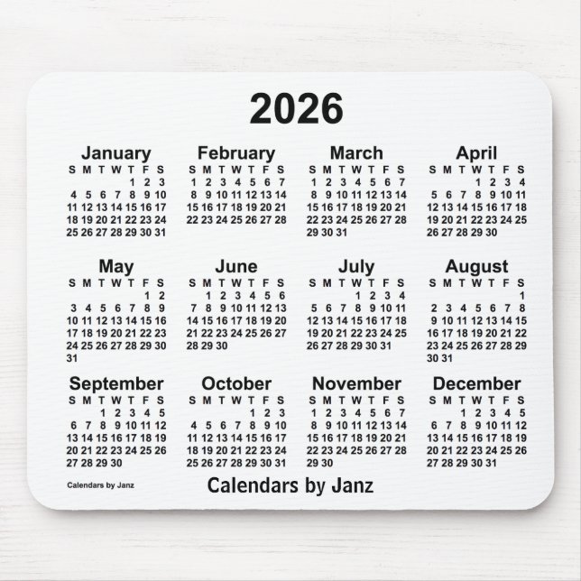 2026 White Calendar by Janz Mouse Pad (Front)