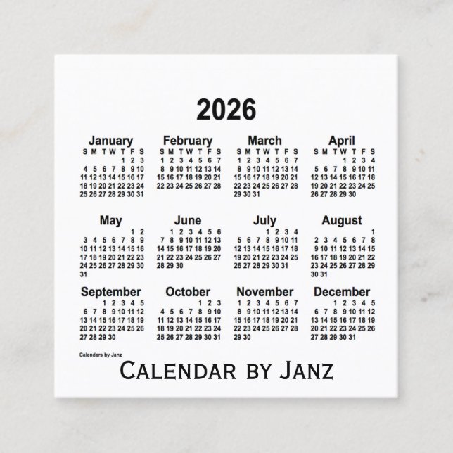 2026 White Calendar by Janz Square Business Card (Front)