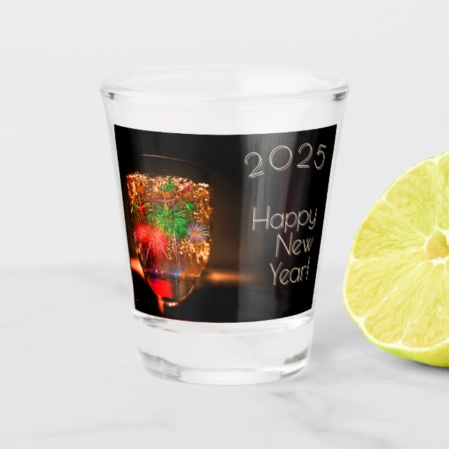 2026 wishes with fireworks and bubbles shot glass (Front)