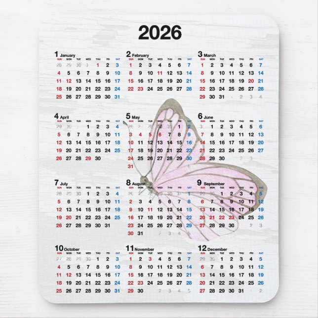 2026 Year Calendar and Pink Butterfly  Mouse Pad (Front)