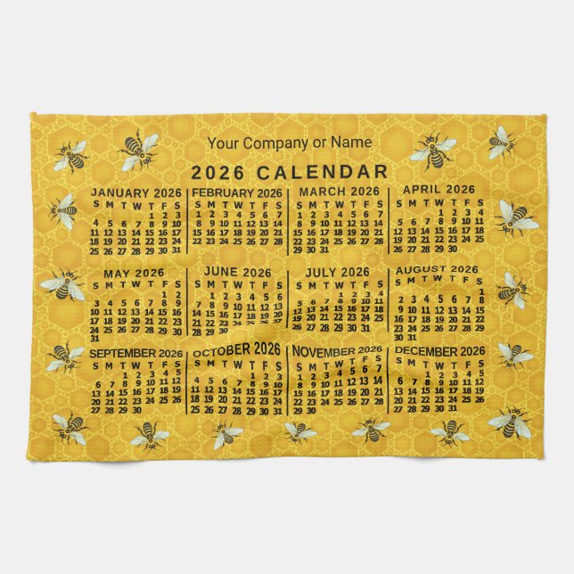 2026 Year Calendar Bee Honeycomb Apiary Custom Kitchen Towel (Horizontal)