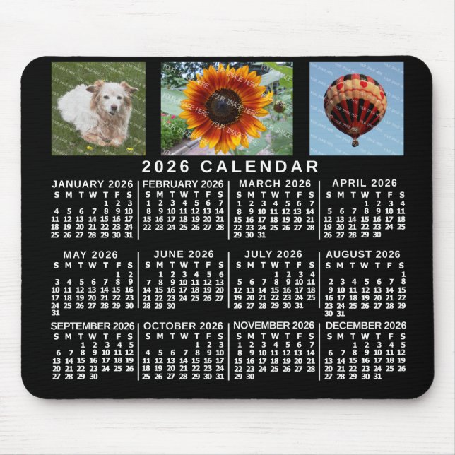 2026 Year Monthly Calendar Black Custom 3 Photos Mouse Pad (Front)