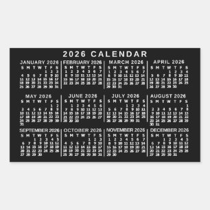 2026 Year Monthly Calendar Classic Black and White Sticker