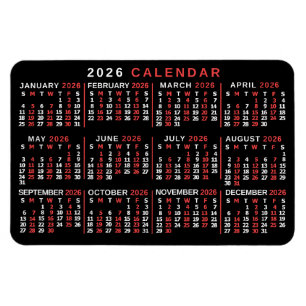 2026 Year Monthly Calendar Classic Black Red White Magnet