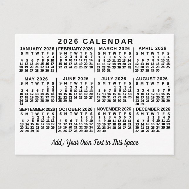 2026 Year Monthly Calendar Classic White and Black Postcard (Front)