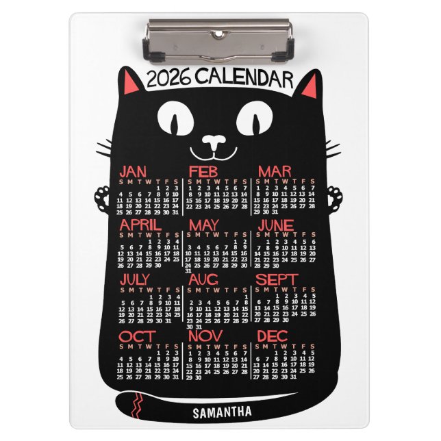 2026 Year Monthly Calendar Mid-Century Black Cat Clipboard (Front)