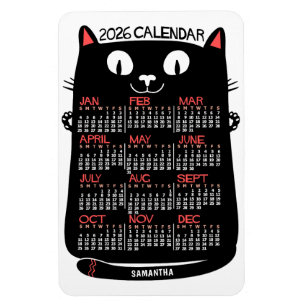 2026 Year Monthly Calendar Mid-Century Black Cat Magnet