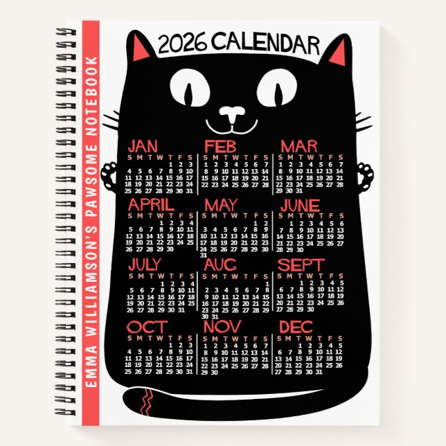 2026 Year Monthly Calendar Mid-Century Black Cat Notebook (Front)