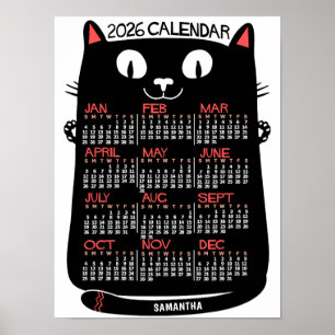 2026 Year Monthly Calendar Mid-Century Black Cat Poster