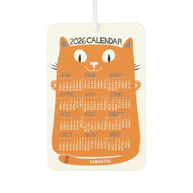 2026 Year Monthly Calendar Mid-Century Orange Cat Air Freshener (Front)