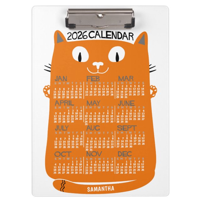 2026 Year Monthly Calendar Mid-Century Orange Cat Clipboard (Front)