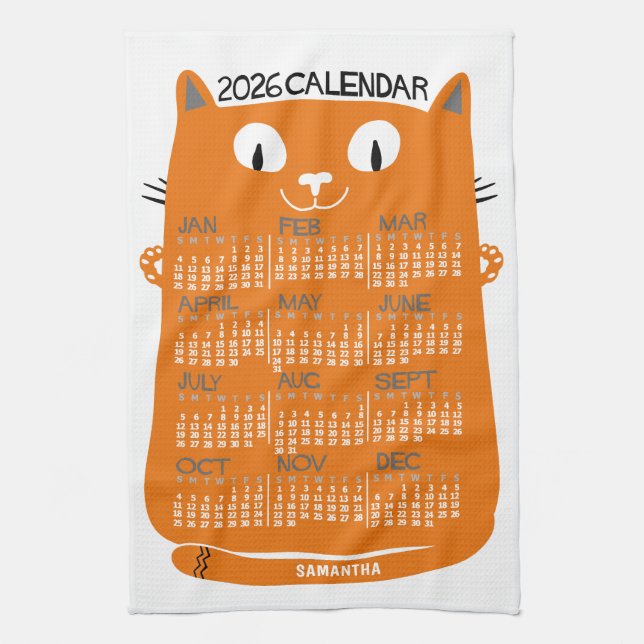 2026 Year Monthly Calendar Mid-Century Orange Cat Kitchen Towel (Vertical)