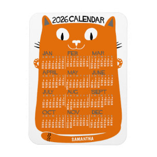 2026 Year Monthly Calendar Mid-Century Orange Cat Magnet