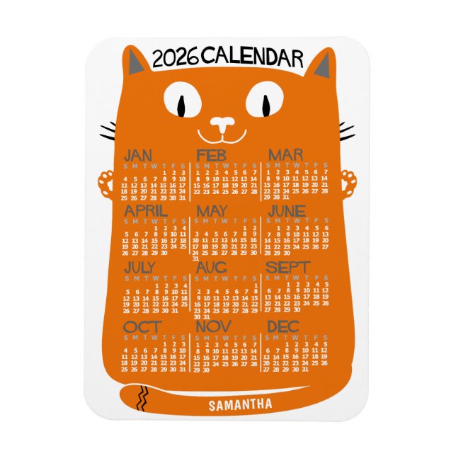 2026 Year Monthly Calendar Mid-Century Orange Cat Magnet (Vertical)