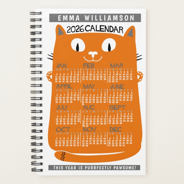 2026 Year Monthly Calendar Midcentury Orange Cat S (Devant)