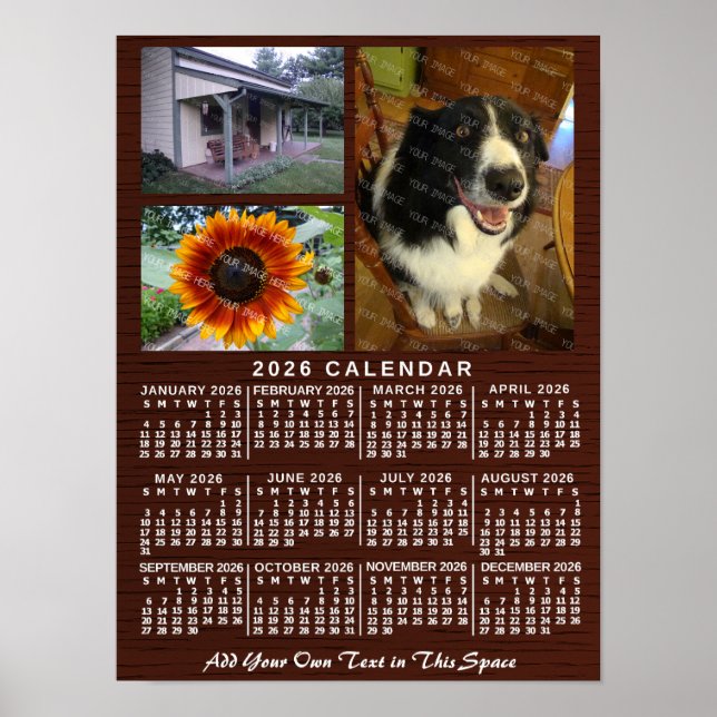 2026 Year Monthly Calendar Wood Custom 3 Photos Poster (Front)