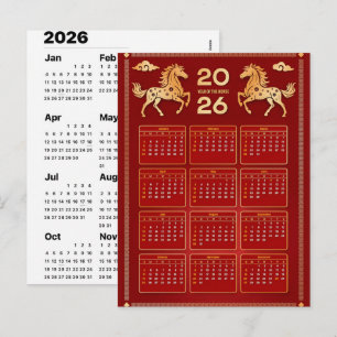 2026 Year of Horse Chinese Wall Calendar Holiday Postcard