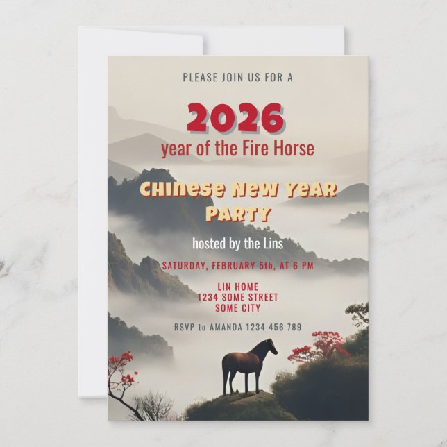 2026 Year of the Fire Horse Chinese New Year Party Invitation (Front)