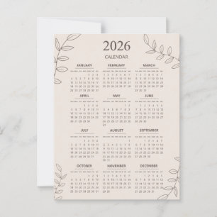 2026 Yearly Calendar Floral Line Art Minimalist Postcard