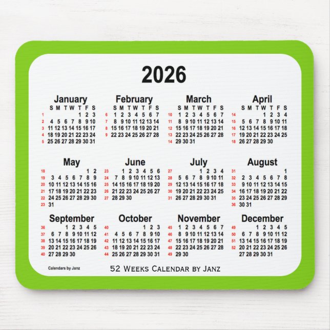 2026 Yellow Green 52 Weeks Calendar by Janz Mouse Pad (Front)