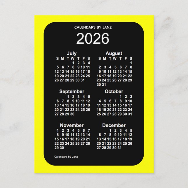 2026 Yellow Neon 6 Month Mini Calendar by Janz Postcard (Front)