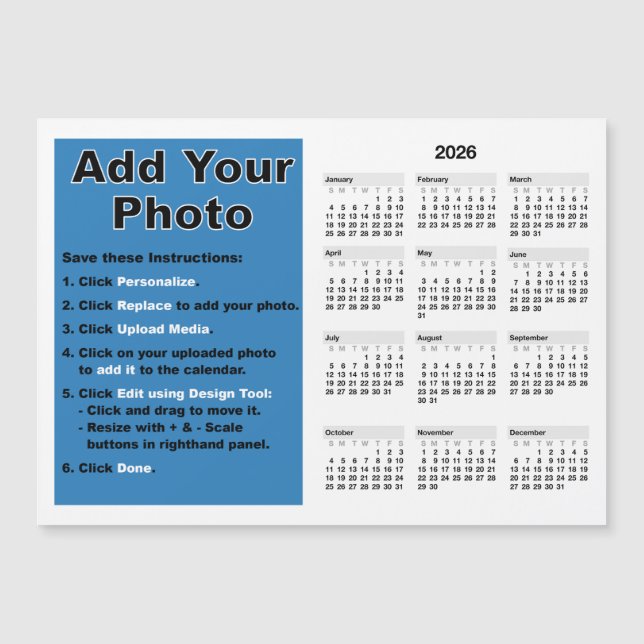 2026 Your photo 5x7 Mini Calendar Magnet Template (Front)