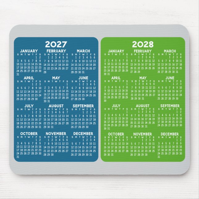 2027 2028 2 Year Calendar - year view blue green Mouse Pad (Front)
