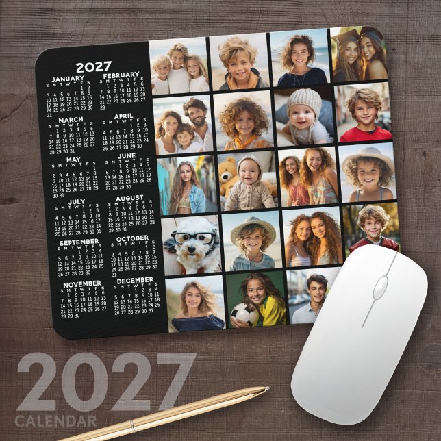 2027 Calendar - 20 photo collage black Mouse Pad (2027 Calendar Mousepad)