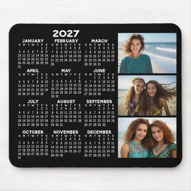 2027 Calendar 3 Photos Basic Black Minimal Magnet Mouse Pad (Front)