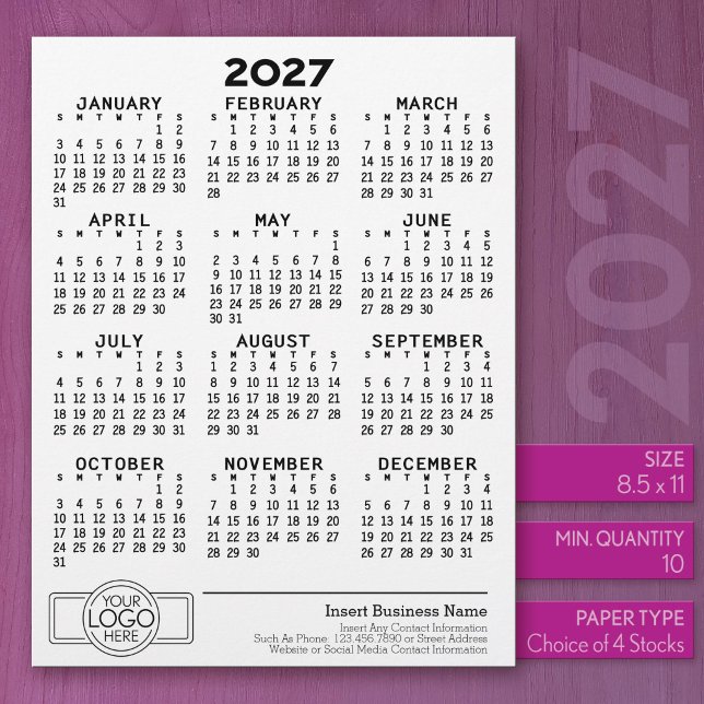 2027 Calendar - Basic Business Office Logo Letterhead (2027 Calendar on US Standard Size Letter Paper)