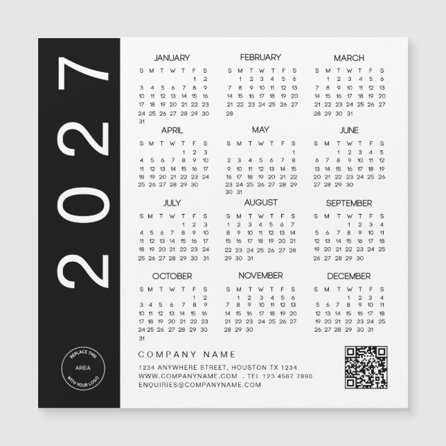 2027 Calendar Black Text QR Code Company Logo (Front)