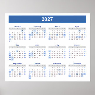 2027 Calendar By Month Home School Office Wall Poster
