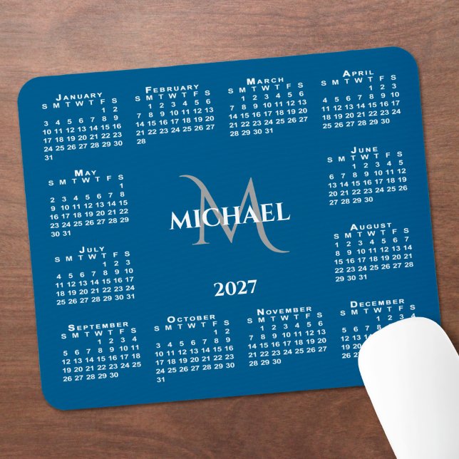 2027 Calendar Chic Monogram Name on Blue Mouse Pad (2027 Calendar Chic Monogram Name on Blue Mouse Pad in situ)