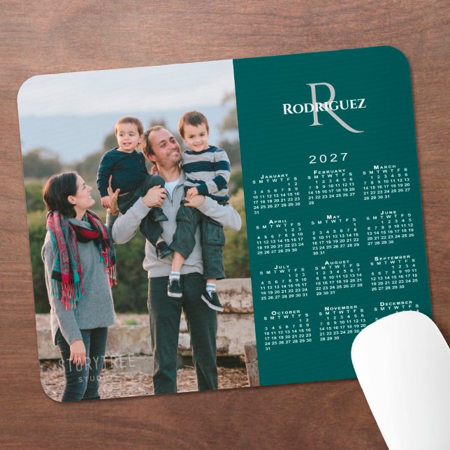 2027 Calendar Custom Photo Monogram Name Teal Mouse Pad (2027 Calendar Custom Photo Monogram Name Teal Mouse Pad in situ)