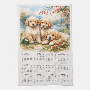 2027 Calendar - Cute Golden Retriever Puppies Kitchen Towel