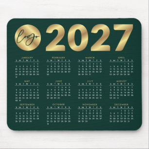 2027 Calendar Emerald Green & Gold Business Logo Mouse Pad