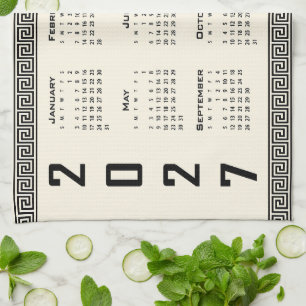 2027 Calendar, Greek Fret, Black on Beige Kitchen Towel