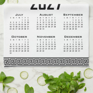 2027 Calendar, Greek Fret, Black on White Kitchen Towel