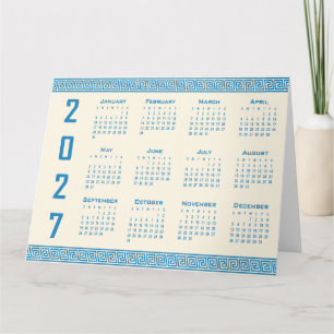 2027 Calendar, Greek Fret, Blue on Cosmic Latte Card