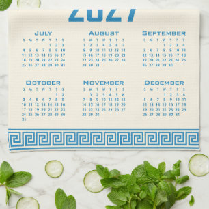 2027 Calendar, Greek Fret, Blue on Cosmic Latte Kitchen Towel