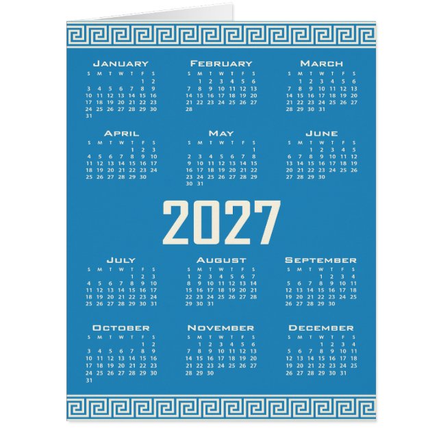 2027 Calendar, Greek Fret, Cosmic Latte on Blue (Front)