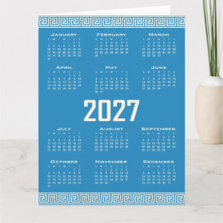 2027 Calendar, Greek Fret, Cosmic Latte on Blue Card