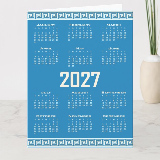 2027 Calendar, Greek Fret, Cosmic Latte on Blue Card (Front)