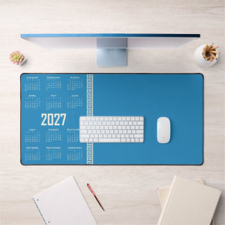 2027 Calendar, Greek Fret, Cosmic Latte on Blue Desk Mat