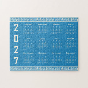2027 Calendar, Greek Fret, Cosmic Latte on Blue Jigsaw Puzzle