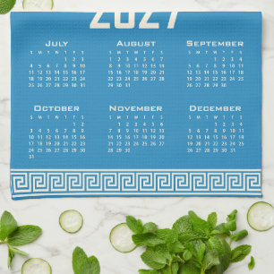 2027 Calendar, Greek Fret, Cosmic Latte on Blue Kitchen Towel