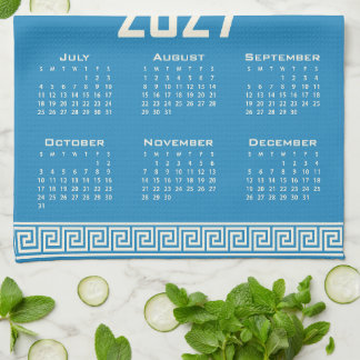 2027 Calendar, Greek Fret, Cosmic Latte on Blue Kitchen Towel