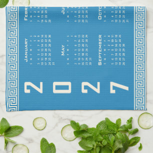 2027 Calendar, Greek Fret, Cosmic Latte on Blue Kitchen Towel